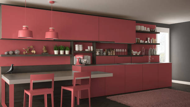 istock Minimalist modern kitchen with wooden details, table and chairs, red interior design 835791244