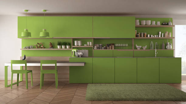istock Minimalist modern kitchen with wooden details, table and chairs, green interior design 835791314