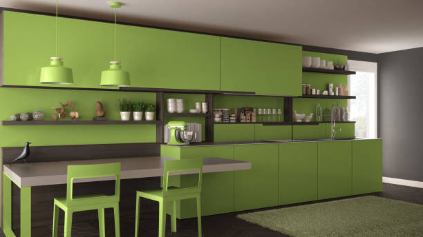 istock Minimalist modern kitchen with wooden details, table and chairs, green interior design 835791368