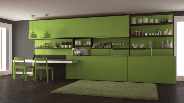 istock Minimalist modern kitchen with wooden details, table and chairs, green interior design 835791388