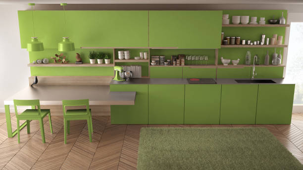 istock Minimalist modern kitchen with wooden details, table and chairs, green interior design 835791414