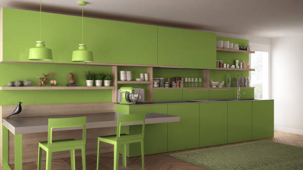 istock Minimalist modern kitchen with wooden details, table and chairs, green interior design 835791430