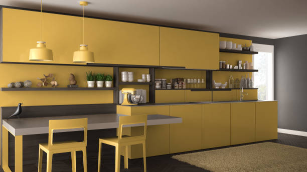 istock Minimalist modern kitchen with wooden details, table and chairs, yellow interior design 835791566