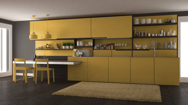 istock Minimalist modern kitchen with wooden details, table and chairs, yellow interior design 835791596