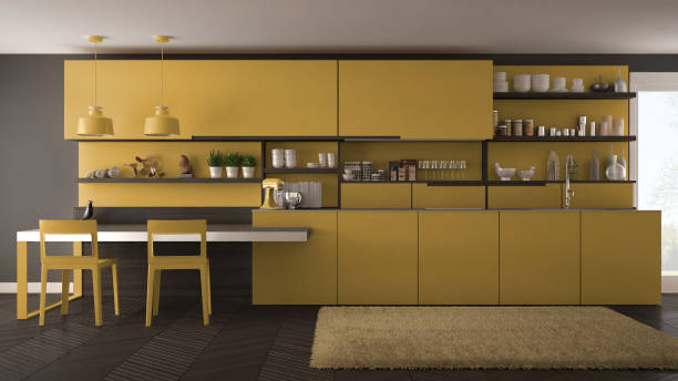 istock Minimalist modern kitchen with wooden details, table and chairs, yellow interior design 835791634
