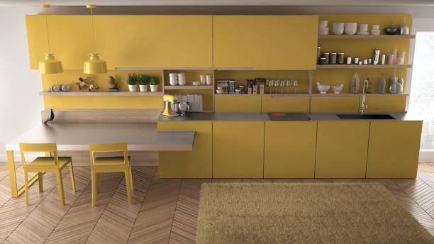 istock Minimalist modern kitchen with wooden details, table and chairs, yellow interior design 835791700