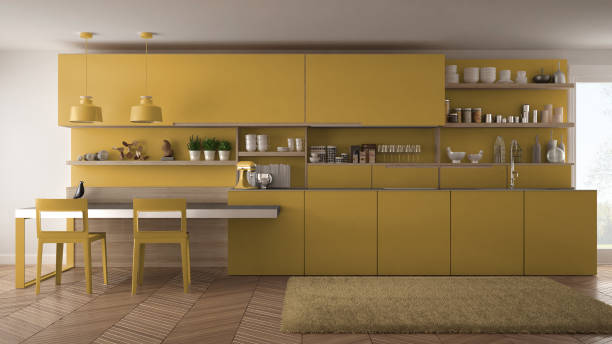 istock Minimalist modern kitchen with wooden details, table and chairs, yellow interior design 835791764