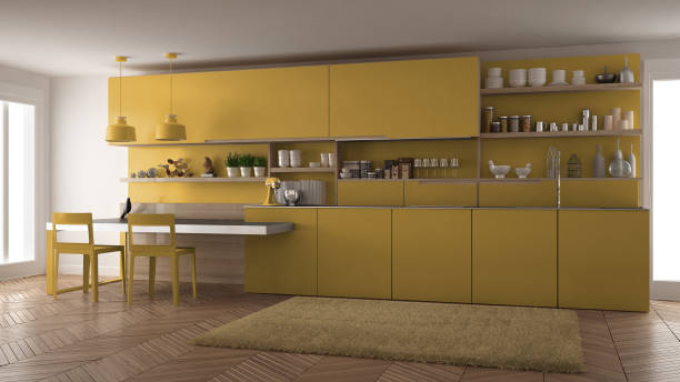 istock Minimalist modern kitchen with wooden details, table and chairs, yellow interior design 835791798