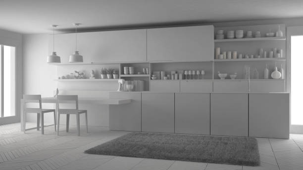 istock Unfinished project of minimalistic modern kitchen, total white interior design 835791884