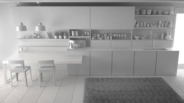 istock Unfinished project of minimalistic modern kitchen, total white interior design 835791902