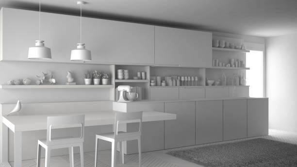 istock Unfinished project of minimalistic modern kitchen, total white interior design 835791930
