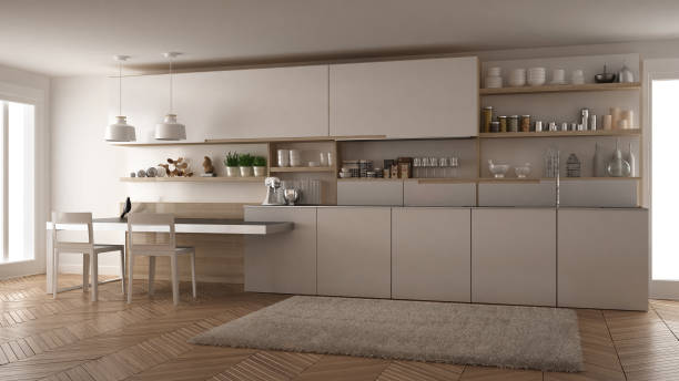 istock Minimalist modern kitchen with wooden details, table and chairs, white interior design 835794674