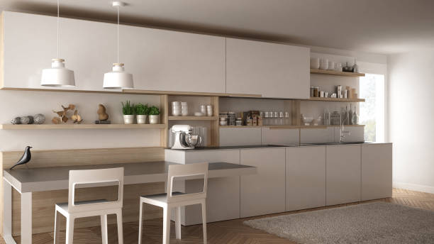 istock Minimalist modern kitchen with wooden details, table and chairs, white interior design 835794726