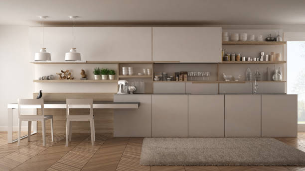 istock Minimalist modern kitchen with wooden details, table and chairs, white interior design 835794926