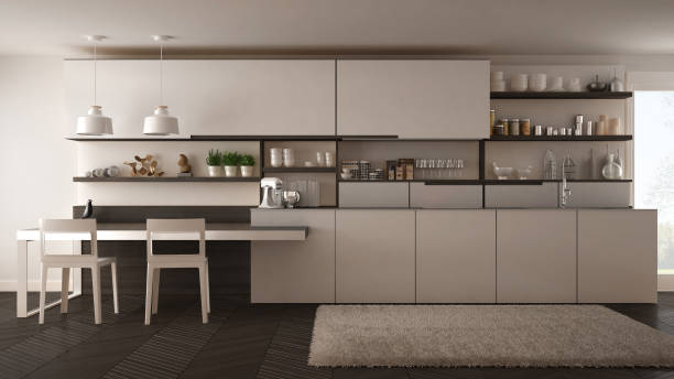 istock Minimalist modern kitchen with wooden details, table and chairs, white interior design 835794964