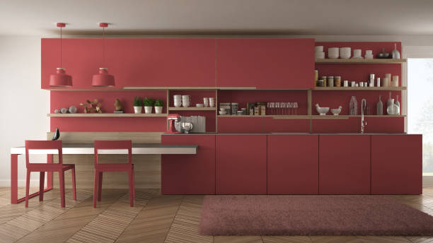 istock Minimalist modern kitchen with wooden details, table and chairs, red interior design 835795000