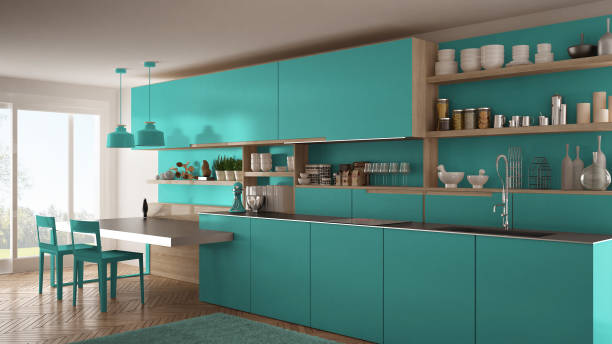 istock Minimalist modern kitchen with wooden details, table and chairs, turquoise interior design 835795064