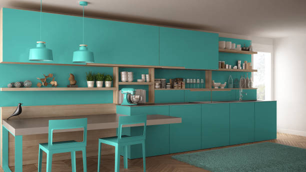 istock Minimalist modern kitchen with wooden details, table and chairs, turquoise interior design 835795326