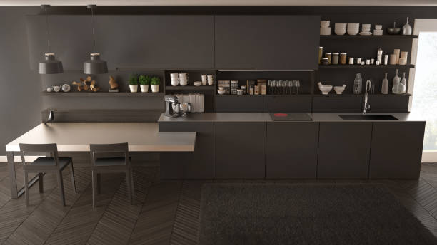 istock Minimalist modern kitchen with wooden details, table and chairs, gray interior design 835795468