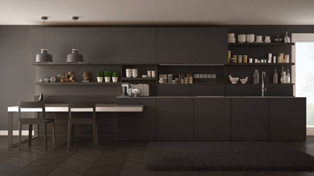 istock Minimalist modern kitchen with wooden details, table and chairs, gray interior design 835797612