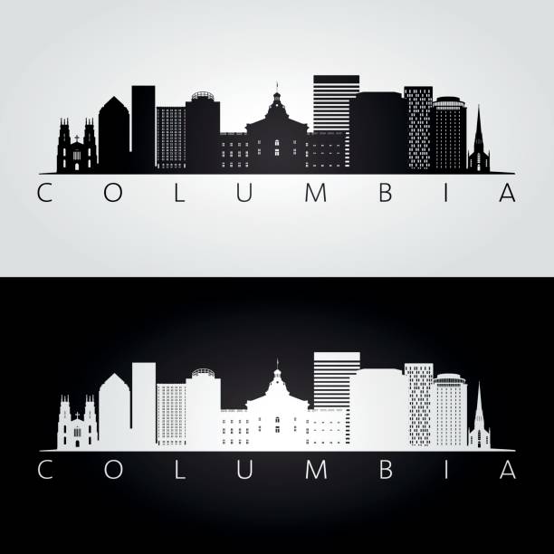 columbia abd manzarası ve simgesel siluet, siyah ve beyaz tasarım, illüstrasyon vektör. - south carolina stock illustrations