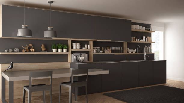 istock Minimalist modern kitchen with wooden details, table and chairs, gray interior design 835797634