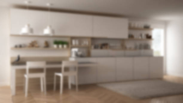 istock Blur background interior design, minimalistic modern kitchen with wooden details 835797652