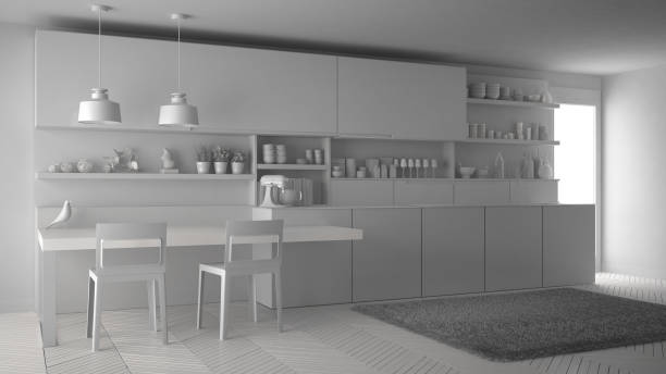 istock Unfinished project of minimalistic modern kitchen, total white interior design 835797750