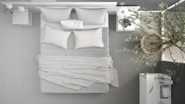 istock Unfinished project of minimalistic modern bedroom, sketch abstract interior design 835797940