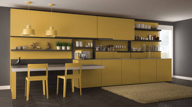istock Minimalist modern kitchen with wooden details, table and chairs, yellow interior design 835801978