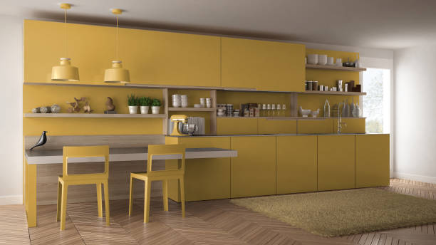 istock Minimalist modern kitchen with wooden details, table and chairs, yellow interior design 835801994