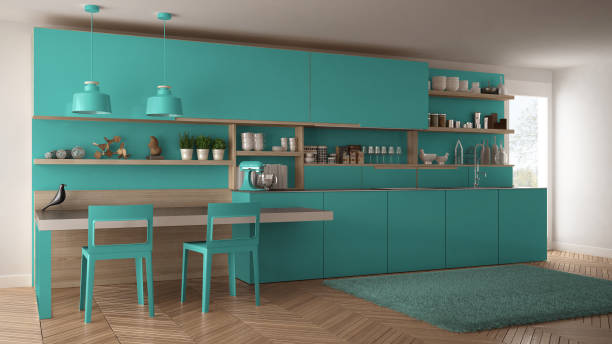 istock Minimalist modern kitchen with wooden details, table and chairs, turquoise interior design 835802046