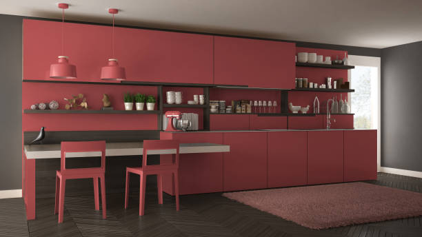 istock Minimalist modern kitchen with wooden details, table and chairs, red interior design 835802110