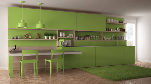 istock Minimalist modern kitchen with wooden details, table and chairs, green interior design 835802184
