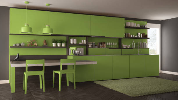 istock Minimalist modern kitchen with wooden details, table and chairs, green interior design 835802218