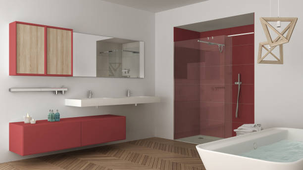 istock Minimalist bright bathroom with double sink, shower and bathtub, white and red interior design 835802364