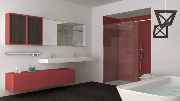 istock Minimalist bright bathroom with double sink, shower and bathtub, white and red interior design 835802390