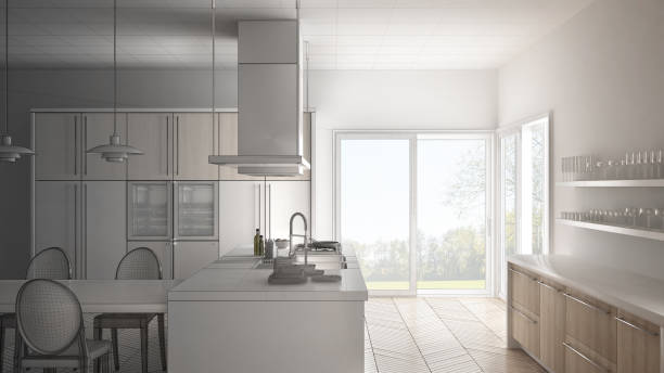 istock Unfinished project of minimalistic modern kitchen with table, chairs and parquet floor, sketch abstract interior design 835804924