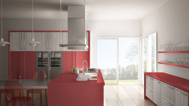 istock Minimalistic modern kitchen with table, chairs and parquet floor, white and red interior design 835805264