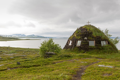 A church built like a traditional Sami house, goahti.







