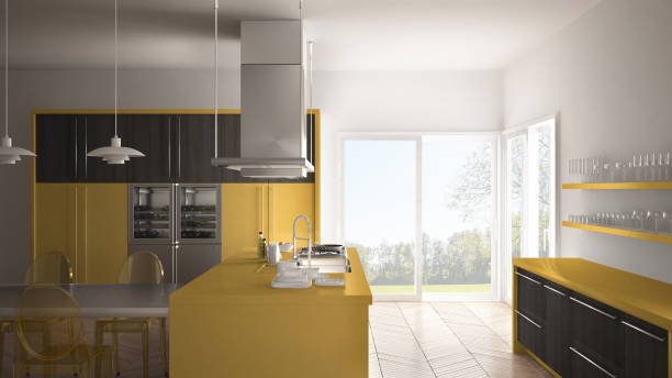 istock Minimalistic modern kitchen with table, chairs and parquet floor, gray and yellow interior design 835805792