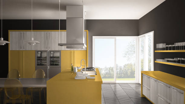 istock Minimalistic modern kitchen with table, chairs and parquet floor, gray and yellow interior design 835805862