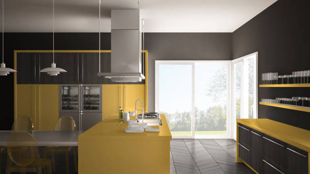 istock Minimalistic modern kitchen with table, chairs and parquet floor, gray and yellow interior design 835806028