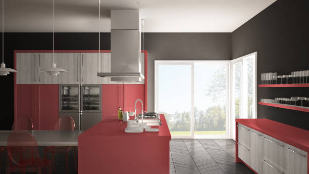 istock Minimalistic modern kitchen with table, chairs and parquet floor, gray and red interior design 835806298