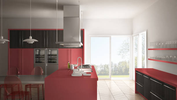 istock Minimalistic modern kitchen with table, chairs and parquet floor, gray and red interior design 835806484