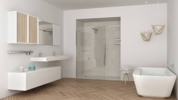 istock Minimalist bright bathroom with double sink, shower and bathtub, white interior design 835807002