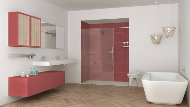 istock Minimalist bright bathroom with double sink, shower and bathtub, white and red interior design 835807322