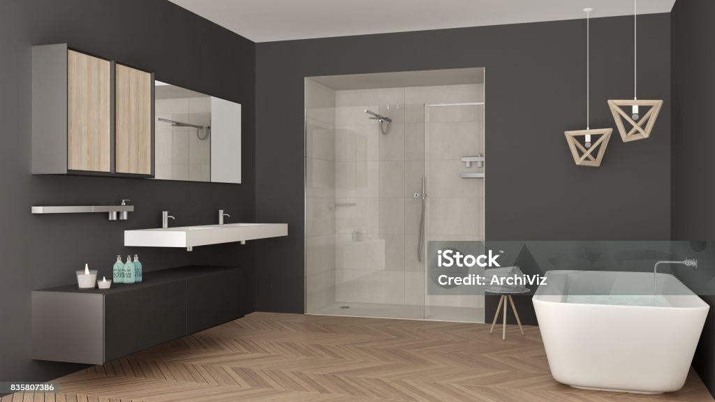 Minimalist bright bathroom with double sink, shower and bathtub, white and gray interior design Ceramics Stock Photo