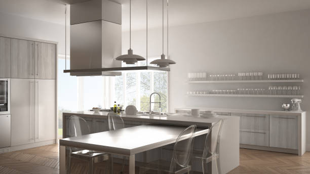 istock Minimalistic modern kitchen with table, chairs and parquet floor, white interior design 835809954