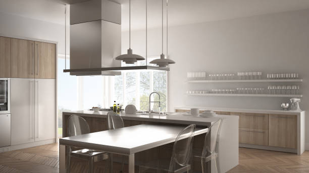 istock Minimalistic modern kitchen with table, chairs and parquet floor, white interior design 835809986